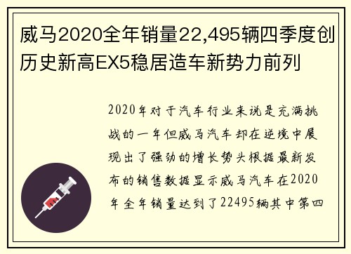 威马2020全年销量22,495辆四季度创历史新高EX5稳居造车新势力前列