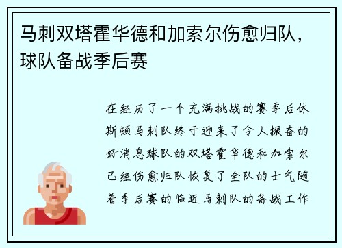 马刺双塔霍华德和加索尔伤愈归队，球队备战季后赛