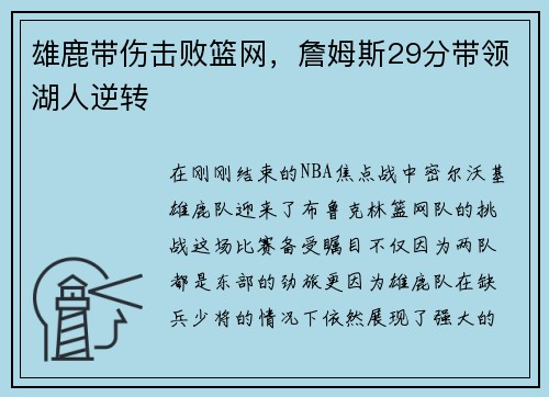 雄鹿带伤击败篮网，詹姆斯29分带领湖人逆转